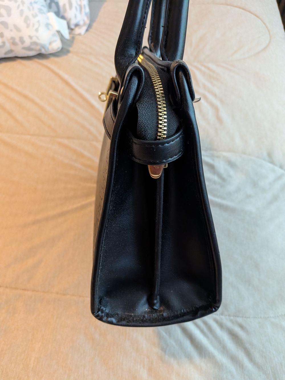 Croc-Embossed Black Structured Satchel Handbag - Picture 5 of 8